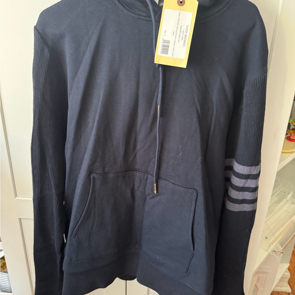 Thom Browne Navy Crewneck Sweater with Sleeve Stripe